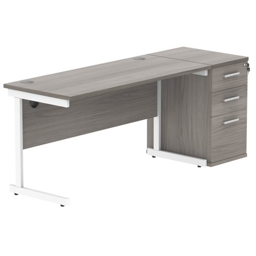 Single Upright Rectangular Desk + Desk High Pedestal (FSC) 1400 X 600 Alaskan Grey Oak/White