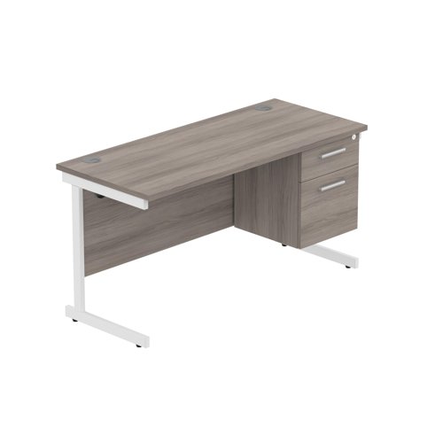 Office Rectangular Desk with Steel Single Upright Cantilever Legs + 2 Drawer Fixed Pedestal  1400X600 Alaskan Grey Oak/White