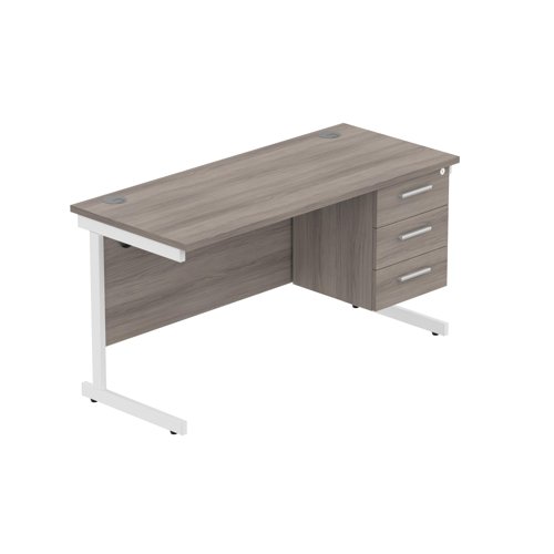 Office Rectangular Desk with Steel Single Upright Cantilever Legs + 3 Drawer Fixed Pedestal (FSC) 1400X600 Alaskan Grey Oak/White