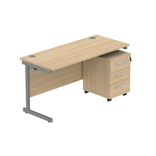 Single Upright Rectangular Desk + 3 Drawer Mobile Under Desk Pedestal  1400 X 600 Canadian Oak/Graphite