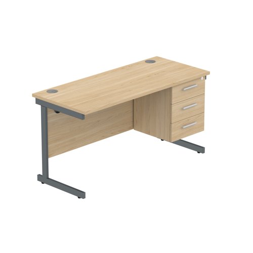 Office Rectangular Desk with Steel Single Upright Cantilever Legs + 3 Drawer Fixed Pedestal (FSC) 1400X600 Canadian Oak/Graphite