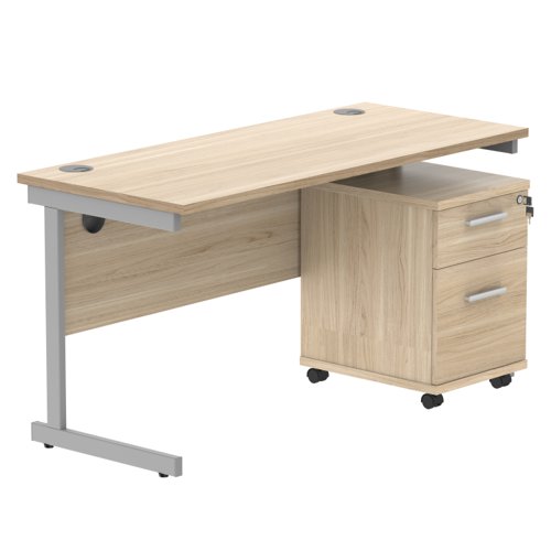 Single Upright Rectangular Desk + 2 Drawer Mobile Under Desk Pedestal (FSC) 1400 X 600 Canadian Oak/Silver