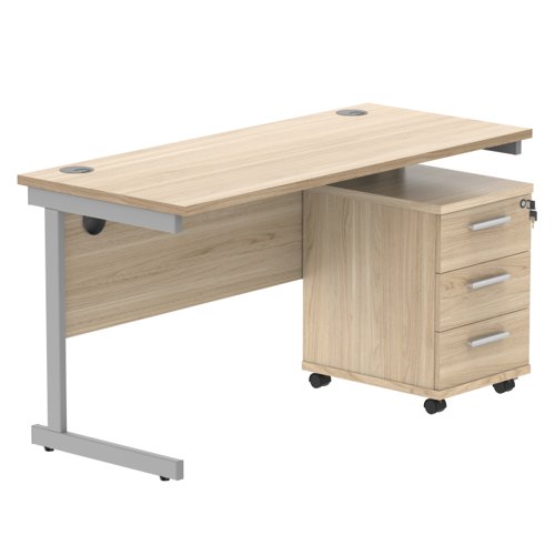 Single Upright Rectangular Desk + 3 Drawer Mobile Under Desk Pedestal (FSC) 1400 X 600 Canadian Oak/Silver