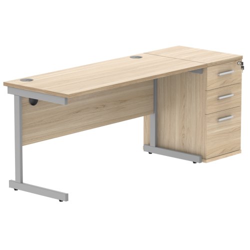 Single Upright Rectangular Desk + Desk High Pedestal (FSC) 1400 X 600 Canadian Oak/Silver