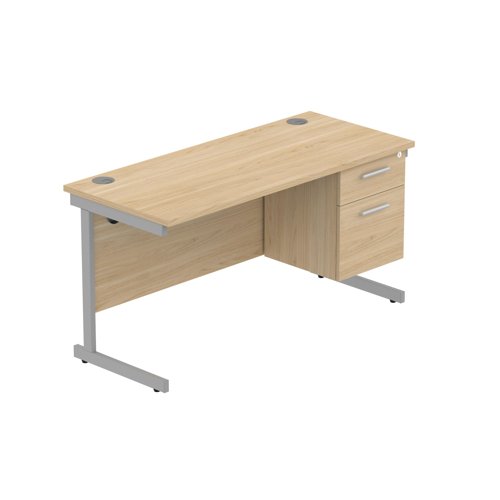 Office Rectangular Desk with Steel Single Upright Cantilever Legs + 2 Drawer Fixed Pedestal  1400X600 Canadian Oak/Silver