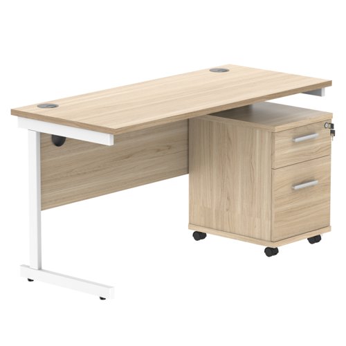 Single Upright Rectangular Desk + 2 Drawer Mobile Under Desk Pedestal (FSC) 1400 X 600 Canadian Oak/White