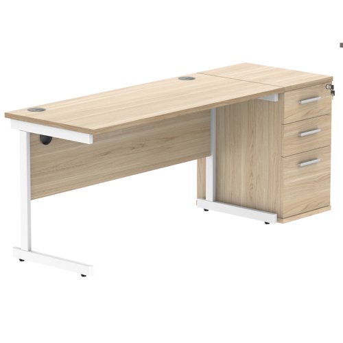 Single Upright Rectangular Desk + Desk High Pedestal (FSC) 1400 X 600 Canadian Oak/White