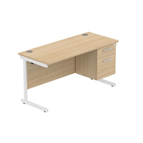Office Rectangular Desk with Steel Single Upright Cantilever Legs + 2 Drawer Fixed Pedestal  1400X600 Canadian Oak/White