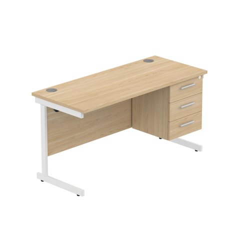 Office Rectangular Desk with Steel Single Upright Cantilever Legs + 3 Drawer Fixed Pedestal (FSC) 1400X600 Canadian Oak/White