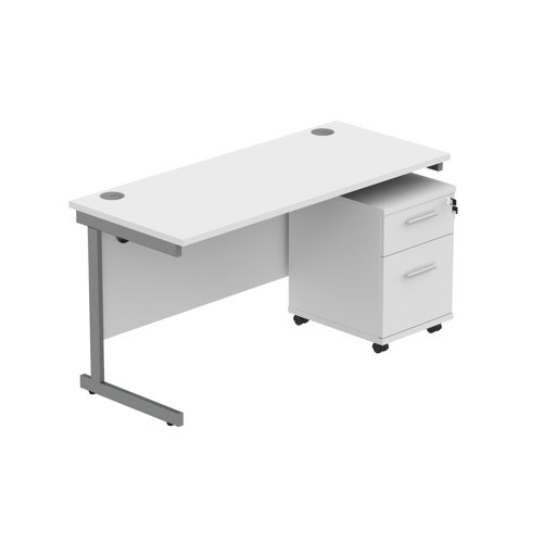 Single Upright Rectangular Desk + 2 Drawer Mobile Under Desk Pedestal  1400 X 600 Arctic White/Graphite