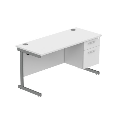 Office Rectangular Desk with Steel Single Upright Cantilever Legs + 2 Drawer Fixed Pedestal  1400X600 Arctic White/Graphite