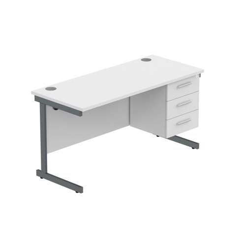 Office Rectangular Desk with Steel Single Upright Cantilever Legs + 3 Drawer Fixed Pedestal (FSC) 1400X600 Arctic White/Graphite