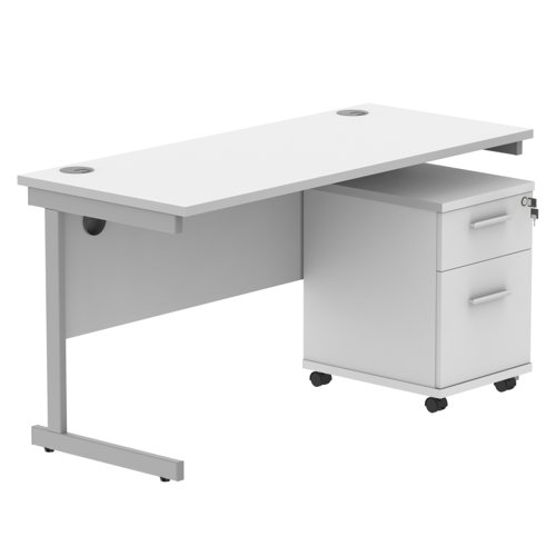 Single Upright Rectangular Desk + 2 Drawer Mobile Under Desk Pedestal (FSC) 1400 X 600 Arctic White/Silver