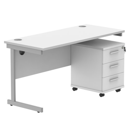 Single Upright Rectangular Desk + 3 Drawer Mobile Under Desk Pedestal (FSC) 1400 X 600 Arctic White/Silver