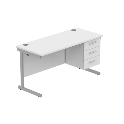 Office Rectangular Desk with Steel Single Upright Cantilever Legs + 3 Drawer Fixed Pedestal (FSC) 1400X600 Arctic White/Silver