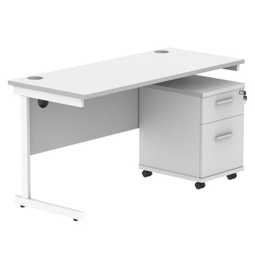 Single Upright Rectangular Desk + 2 Drawer Mobile Under Desk Pedestal (FSC) 1400 X 600 Arctic White/White