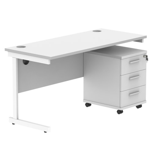 Single Upright Rectangular Desk + 3 Drawer Mobile Under Desk Pedestal (FSC) 1400 X 600 Arctic White/White