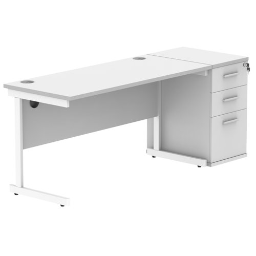 Single Upright Rectangular Desk + Desk High Pedestal (FSC) 1400 X 600 Arctic White/White