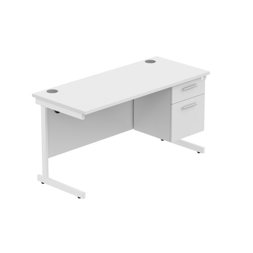 Office Rectangular Desk with Steel Single Upright Cantilever Legs + 2 Drawer Fixed Pedestal  1400X600 Arctic White/White