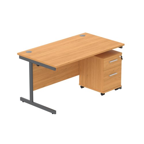 Single Upright Rectangular Desk + 2 Drawer Mobile Under Desk Pedestal (FSC) 1400 X 800 Norwegian Beech/Graphite