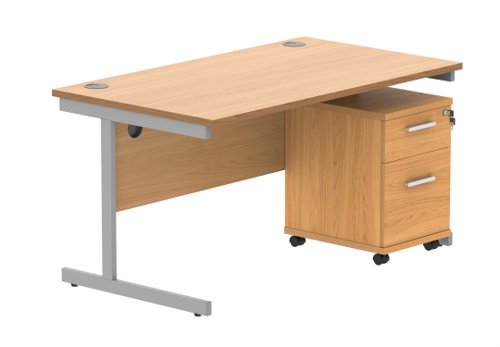 Single Upright Rectangular Desk + 2 Drawer Mobile Under Desk Pedestal (FSC) 1400 X 800 Norwegian Beech/Silver