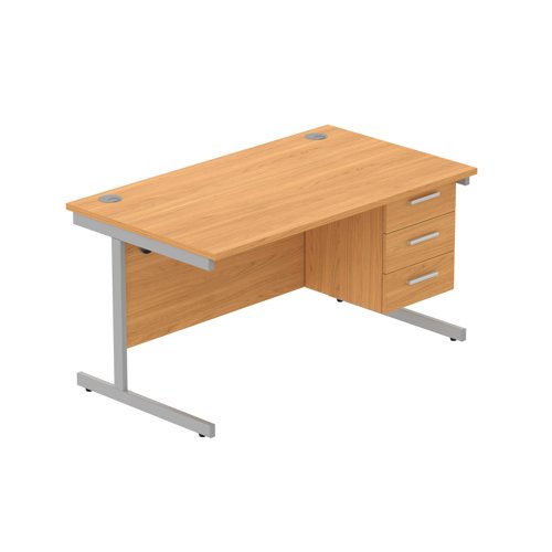 Office Rectangular Desk with Steel Single Upright Cantilever Legs + 3 Drawer Fixed Pedestal  1400X800 Norwegian Beech/Silver