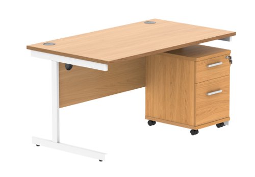 Single Upright Rectangular Desk + 2 Drawer Mobile Under Desk Pedestal (FSC) 1400 X 800 Norwegian Beech/White