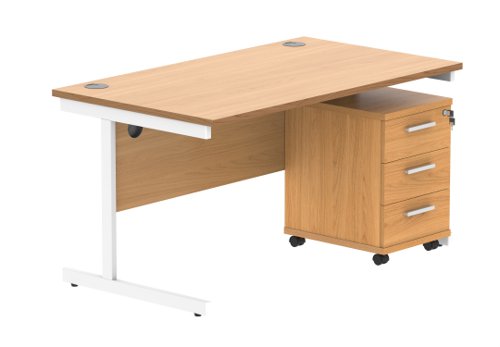 Single Upright Rectangular Desk + 3 Drawer Mobile Under Desk Pedestal (FSC) 1400 X 800 Norwegian Beech/White