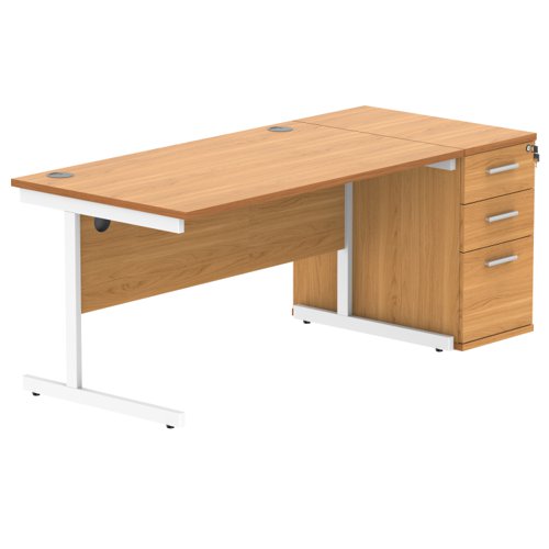 Single Upright Rectangular Desk + Desk High Pedestal (FSC) 1400 X 800 Norwegian Beech/White