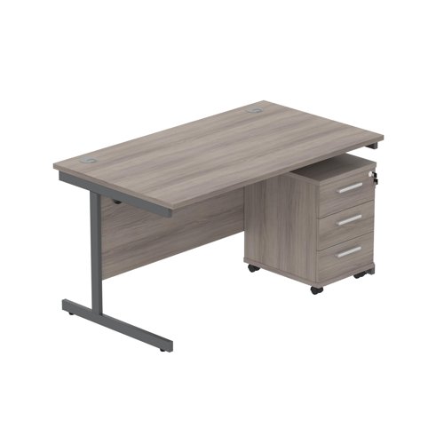 Single Upright Rectangular Desk + 3 Drawer Mobile Under Desk Pedestal (FSC) 1400 X 800 Alaskan Grey Oak/Graphite