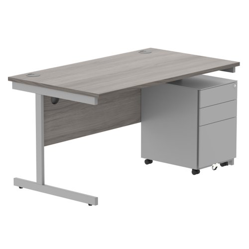CORE Single Upright Rectangular Desk + Under Desk Steel Pedestal 3 Drawers 1400 X 800 Alaskan Grey Oak/Silver