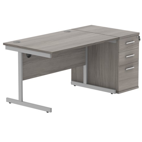 Single Upright Rectangular Desk + Desk High Pedestal 1400 X 800 Alaskan Grey Oak/Silver