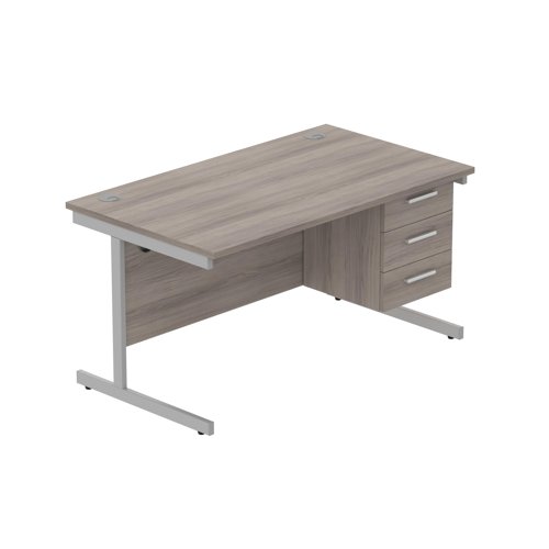 Office Rectangular Desk with Steel Single Upright Cantilever Legs + 3 Drawer Fixed Pedestal (FSC) 1400X800 Alaskan Grey Oak/Silver