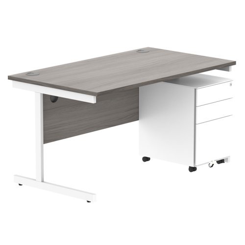 CORE Single Upright Rectangular Desk + Under Desk Steel Pedestal 3 Drawers 1400 X 800 Alaskan Grey Oak/White