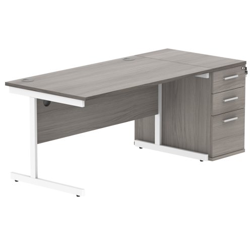 Single Upright Rectangular Desk + Desk High Pedestal 1400 X 800 Alaskan Grey Oak/White