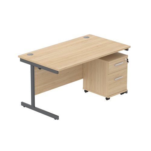 Single Upright Rectangular Desk + 2 Drawer Mobile Under Desk Pedestal  1400 X 800 Canadian Oak/Graphite