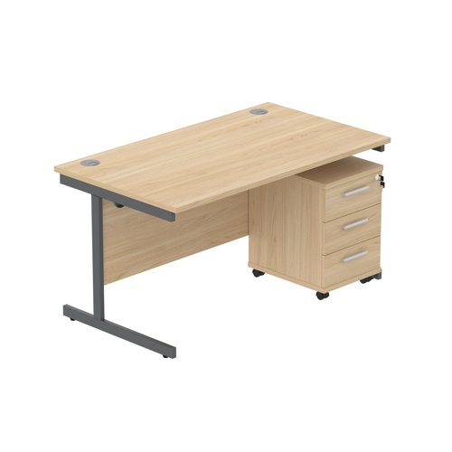 Single Upright Rectangular Desk + 3 Drawer Mobile Under Desk Pedestal  1400 X 800 Canadian Oak/Graphite