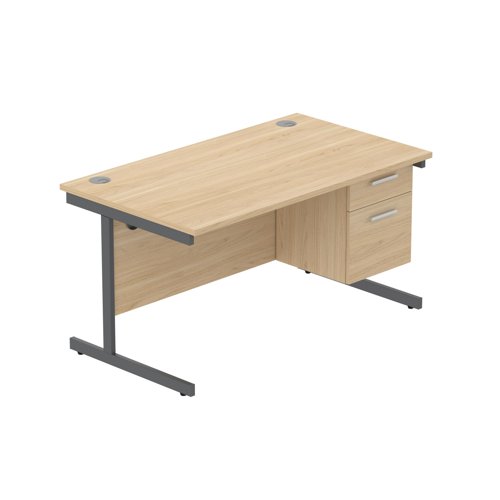 Office Rectangular Desk with Steel Single Upright Cantilever Legs + 2 Drawer Fixed Pedestal (FSC) 1400X800 Canadian Oak/Graphite