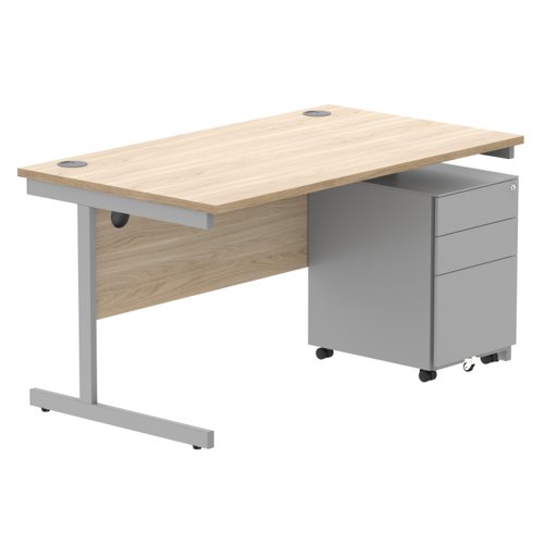 CORE Single Upright Rectangular Desk + Under Desk Steel Pedestal 3 Drawers 1400 X 800 Canadian Oak/Silver