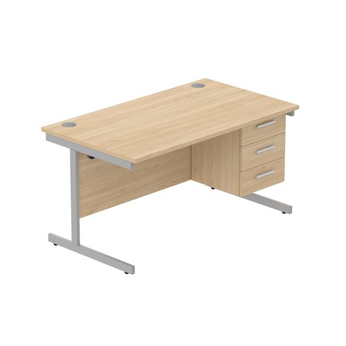 Office Rectangular Desk with Steel Single Upright Cantilever Legs + 3 Drawer Fixed Pedestal (FSC) 1400X800 Canadian Oak/Silver