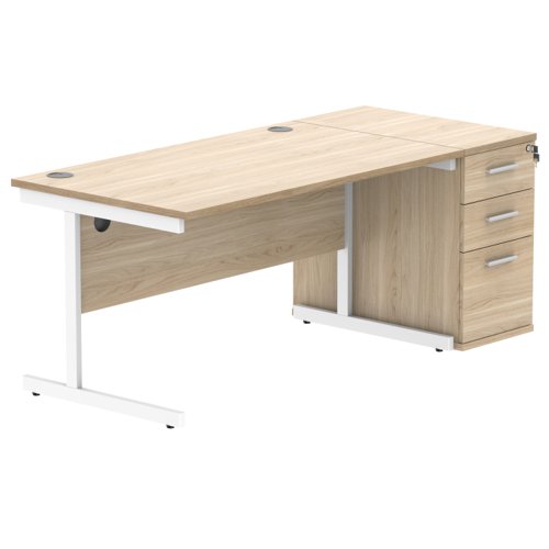 Single Upright Rectangular Desk + Desk High Pedestal (FSC) 1400 X 800 Canadian Oak/White