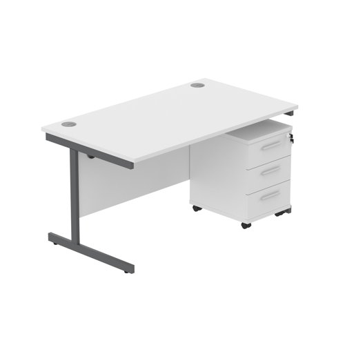 Single Upright Rectangular Desk + 3 Drawer Mobile Under Desk Pedestal (FSC) 1400 X 800 Arctic White/Graphite