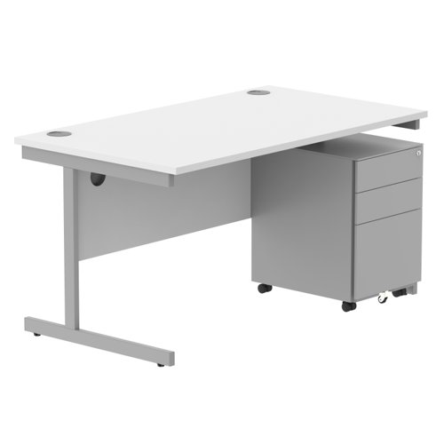 CORE Single Upright Rectangular Desk + Under Desk Steel Pedestal 3 Drawers 1400 X 800 Arctic White/Silver