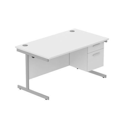 Office Rectangular Desk with Steel Single Upright Cantilever Legs + 2 Drawer Fixed Pedestal (FSC) 1400X800 Arctic White/Silver