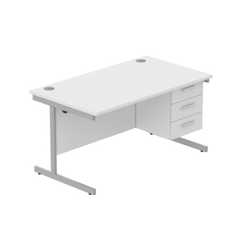 Office Rectangular Desk with Steel Single Upright Cantilever Legs + 3 Drawer Fixed Pedestal  1400X800 Arctic White/Silver