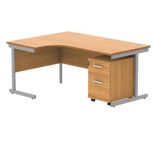 Single Upright Left Hand Radial Desk + 2 Drawer Mobile Under Desk Pedestal 1600 X 1200 Norwegian Beech/Silver