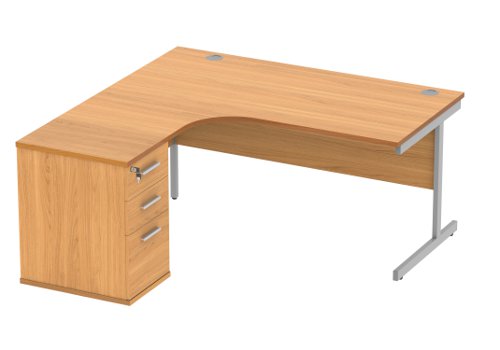 Single Upright Left Hand Radial Desk + Desk High Pedestal 600mm Deep Pedestal 1600 X 1200 Norwegian Beech/Silver