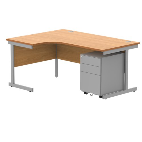 CORE Single Upright Left Hand Radial Desk + Under Desk Steel Pedestal 3 Drawers 1600 X 1200 Norwegian Beech/Silver