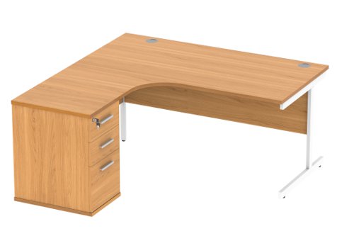 Single Upright Left Hand Radial Desk + Desk High Pedestal 600mm Deep Pedestal 1600 X 1200 Norwegian Beech/White