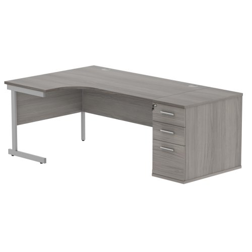 Single Upright Left Hand Radial Desk + Desk High Pedestal 800mm Deep Pedestal 1600 X 1200 Alaskan Grey Oak/Silver